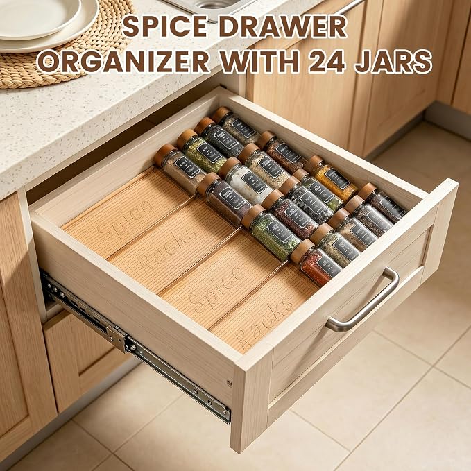 2 Pack Spice Rack with 24 Spice Jars, 4OZ Wood Lid Spice Containers with Expandable Spice Organizer Shelf, Spice Labels, Pepper Grinder Lids, Chalk Marker & Funnel Set for Drawer Kitchen Countertop