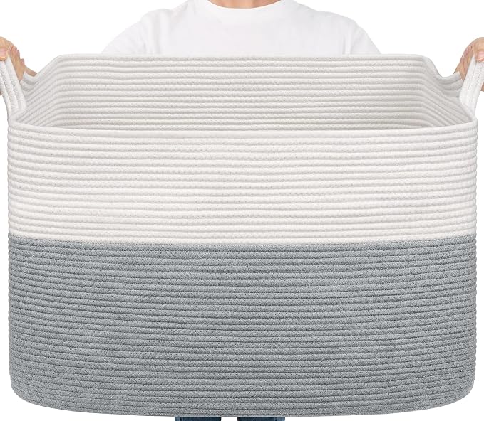 Goodpick 105L Extra Large Woven Blanket Basket Cotton Rope Storage Baskets for Organizing, Rectangle Baby Laundry Basket for Living Room Home Decor, 25"x16"x16", White & Gray