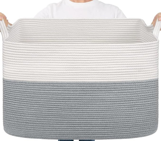 Goodpick 105L Extra Large Woven Blanket Basket Cotton Rope Storage Baskets for Organizing, Rectangle Baby Laundry Basket for Living Room Home Decor, 25"x16"x16", White & Gray