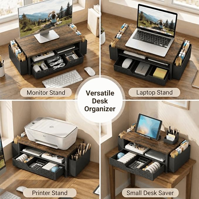 ECOLOVI Desk Organizer and Accessories, 2-Tier Computer Monitor Stand Rise with Storage Drawer & 2 Pen Holders, Laptop & Printer Stand for Desktop, Workspace Organizers for Office Supplies (Brown)