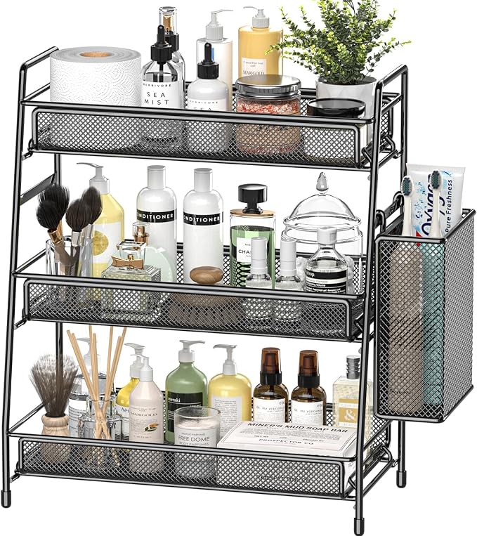 EKNITEY Bathroom Countertop Organizer Shelf - 3 Tier Counter Spice Rack | Metal, Removable Basket, Non-Slip Base, Makeup Rack, Small Coffee Station Organizer, for Sink Bedroom Kitchen Living room