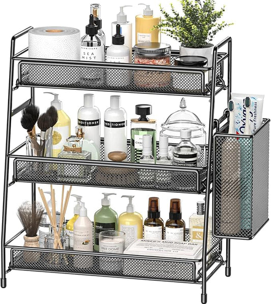 EKNITEY Bathroom Countertop Organizer Shelf - 3 Tier Counter Spice Rack | Metal, Removable Basket, Non-Slip Base, Makeup Rack, Small Coffee Station Organizer, for Sink Bedroom Kitchen Living room