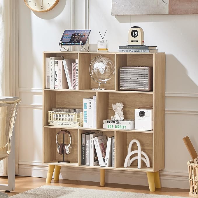 LEYAOYAO 8 Cube Bookshelf,Mid-Century Modern Bookcase with Legs,Light Wood | 3 Tier Book Shelf,Rustic Wood Bookshelves Freestanding Large Storage Organizer, Open Shelves for Bedroom, Living Room, Office