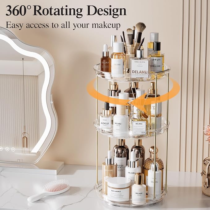 Delamu 3 Tier Rotating Makeup Organizer for Vanity, Bathroom Counter Organizer with Stackable Design, Spinning Skincare Organizer for Bathroom Countertop, Perfume Cosmetic Storage, Clear