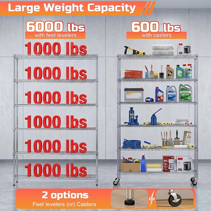 FDW 48 inch L×18 inch W×76 inch H Wire Shelving Unit Metal Shelf with 6 Tier Casters Adjustable Layer Rack Strong Steel for Restaurant Garage Pantry Kitchen Garage, Chrome