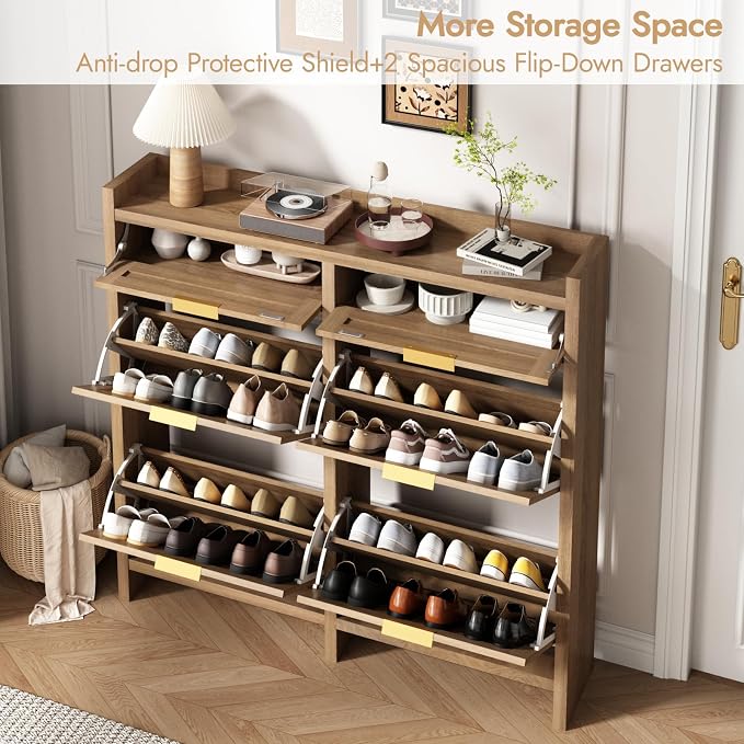 HOKYHOKY Large Rattan Shoe Storage Cabinet with 4 Flip Drawers & 2 Storages | Hidden Slim Shoe Organizer, Farmhouse Boho Narrow Shoe Rack, Large Tabletop Space, Entryway, Rustic Oak