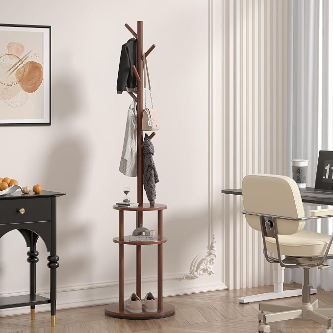 VECELO Coat Rack Freestanding, Entryway Hanger Stand, Umbrella Holder, Hall Tree With Hooks, Floor Standing Tree Stand,Walnut