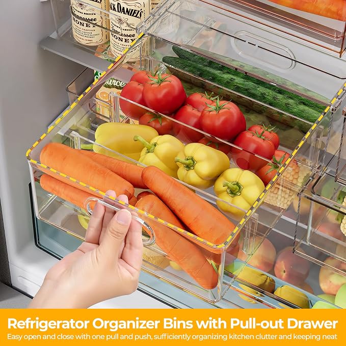 Refrigerator Organizer Bins with Pull-out Drawer 6 Pack Stackable Clear Fridge Drawer Organizer Fruit Vegetable Storage Containers for Kitchen Pantry Organization (2 Large+4 Medium)
