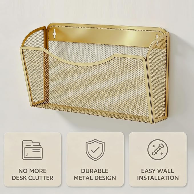 Gawerk Mesh Hanging Wall File Holders, Metal Vertical Wall Basket Mail Organizer for Office/Home (Gold, 3 Pack Wall Mounted)