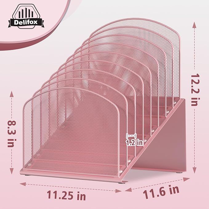 Inclined Desk File Organizer, 8-Section Upright Desk Organizer Standing File Sorter for Office Classroom Desktop Organization (Pink, 8)