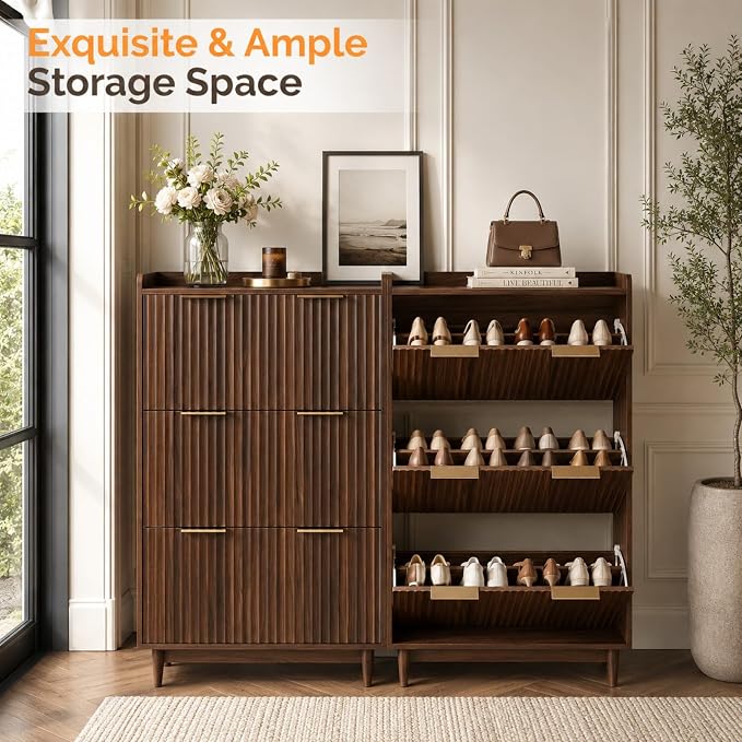 VINGLI Fluted Shoe Storage Cabinet for Entryway with 3 Flip Drawers, Narrow Shoe Organizer with Fluted Panel, Freestanding Wood Hidden Shoe Cabinet for Foyer, Hallway (Dark Walnut, 3 Flip Drawers)