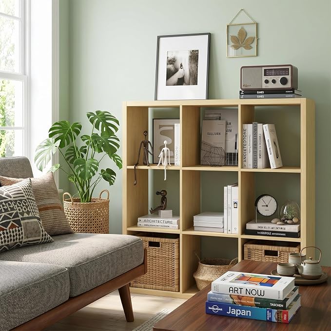CTESNE【Wooden Thick Frame 9 Cube Storage Organizer Shelf with Anti-Tipping Kits + Reversible Open Back Bookcase, Horizontal and Vertical Dual-use Standing Bookshelf（Oak,13inch）