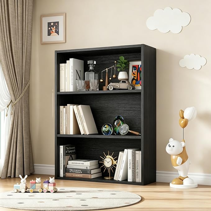 HealSmart 3 Tier Bookcase, Industrial 3 Book Shelf, 9.2" D x 23.8" W x 31.5" H Tall Open Cube Storage Organizer for Home Office, Living Room, Bedroom and Dinning Room, Black