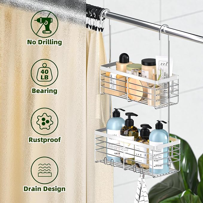 YUOROS 2 Tier Shower Caddy Hanging Over the Door (Silver) | Shower Organizer Rack 304 Stainless Steel Rustproof Bathroom Storage Shampoo Holder Basket