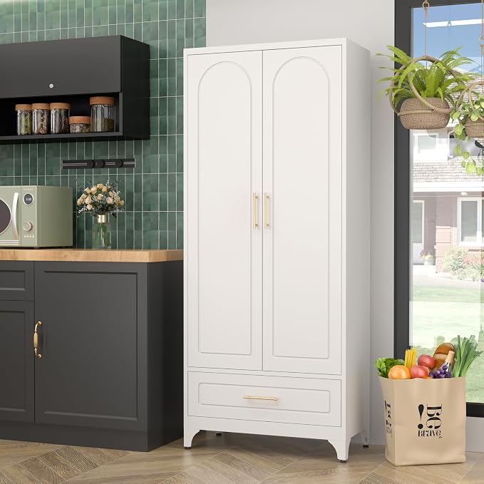 SteeLoong 75”Kitchen Pantry Cabinet, Metal Storage Cabinet with Drawer | White Pantry Cabinets for Kitchen Storage with 3 Adjustable Shelves,Tall Freestanding Cupboard for Living Room,Kitchen,Garage