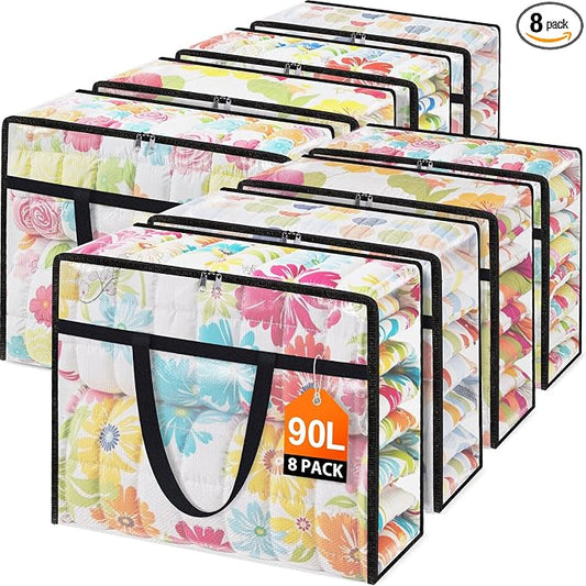 8 Packs 90L Clear Under Bed Storage Containers, Large Clothes Storage Bags | Heavy Duty Large Capacity Foldable Moving Bags with Sturdy Handles, Clothing Organizer Totes for Bedding Comforter Sheet