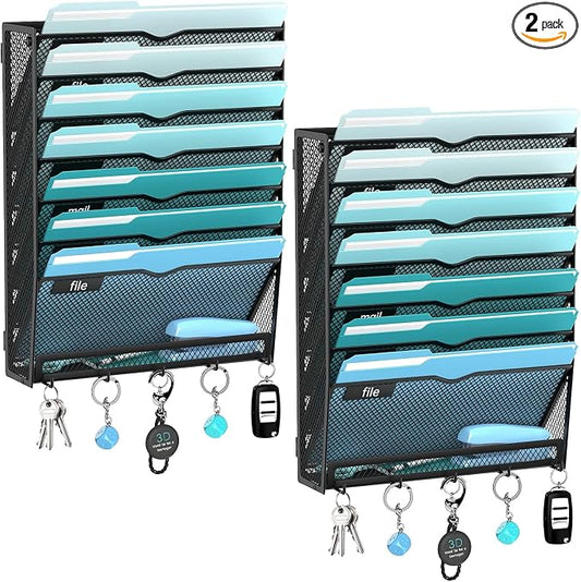 2 Pack 8-Tier Hanging Wall File Organizer with 5 Hooks, Mesh Wall File Holder Vertical Mount Mail Organizer for Papers, Folders, Magazines, Bills, Office and School, Black