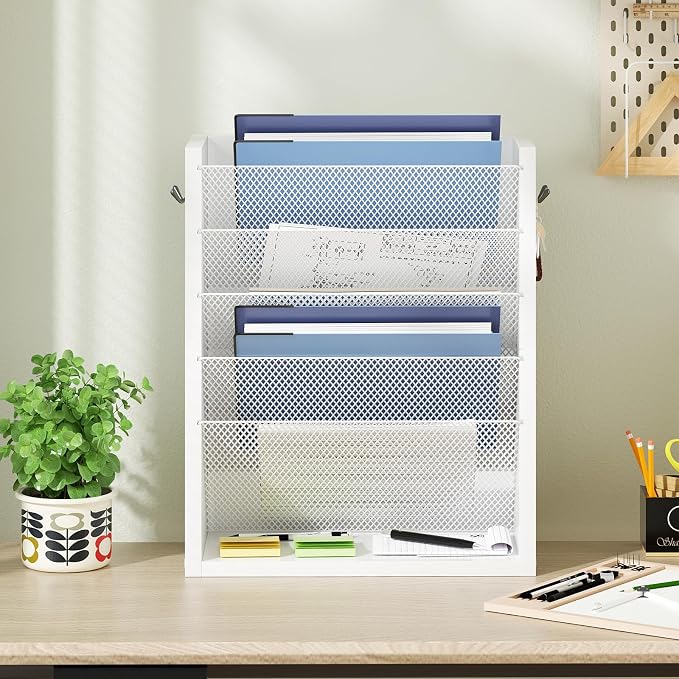 Mail Organizer Wall Mounted, 6-Slot Hanging File Organizer with Key Holder | Mail Sorter, Wood Letter Holder for Envelopes Bills Magazine Folders Papers Accessories for Home Office, White