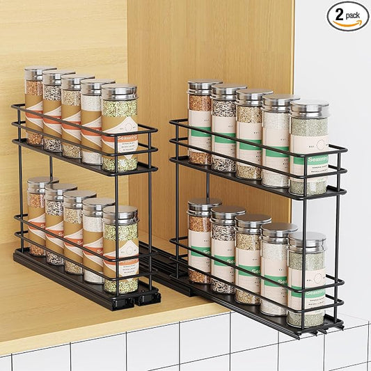 Mystozer Pull Out Spice Rack Organizer for Cabinet, Slide Out Spice Racks, Easy to Install Spice Cabinet Organizers, 5.2" Wx10.43 Dx8.26 H, 2 Packs 2 Tiers(Black)