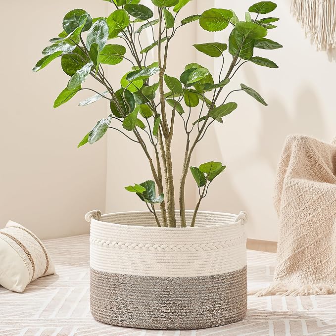 KAKAMAY Large Blanket Basket (20"x13"),Woven Baskets for storage Baby Laundry Hamper, Cotton Rope Blanket Basket for Living Room, Laundry, Nursery, Pillows, Baby Toy chest (White/Beige) | Extra Large Capacity | Natural Cotton Rope | Blanket Storage | W...