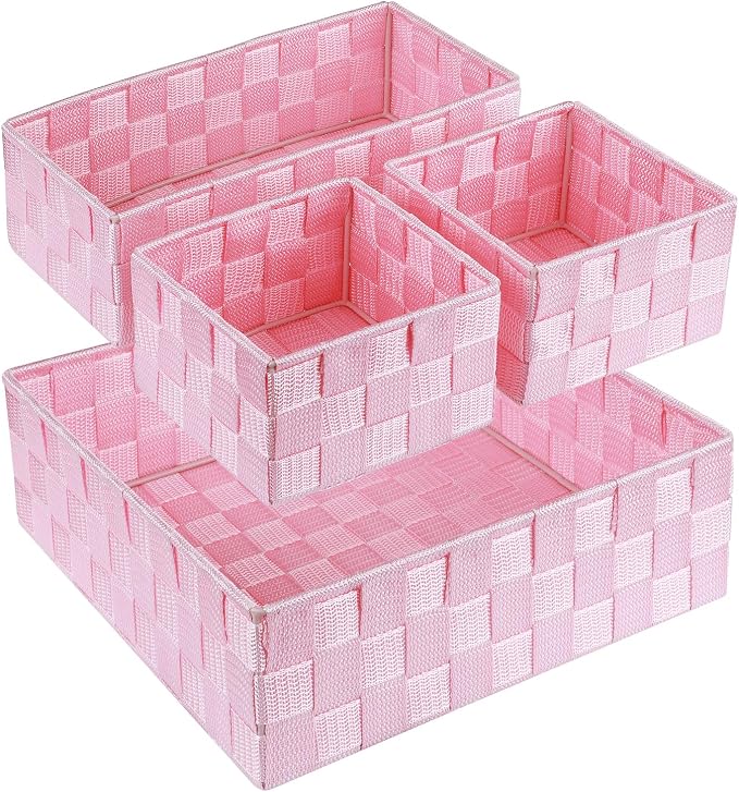 Posprica Woven Storage Baskets for Organizing, Small Baskets Cube Bin Container Tote Organizer Divider for Drawer, Closet, Shelf, Dresser, Set of 4(Pink)