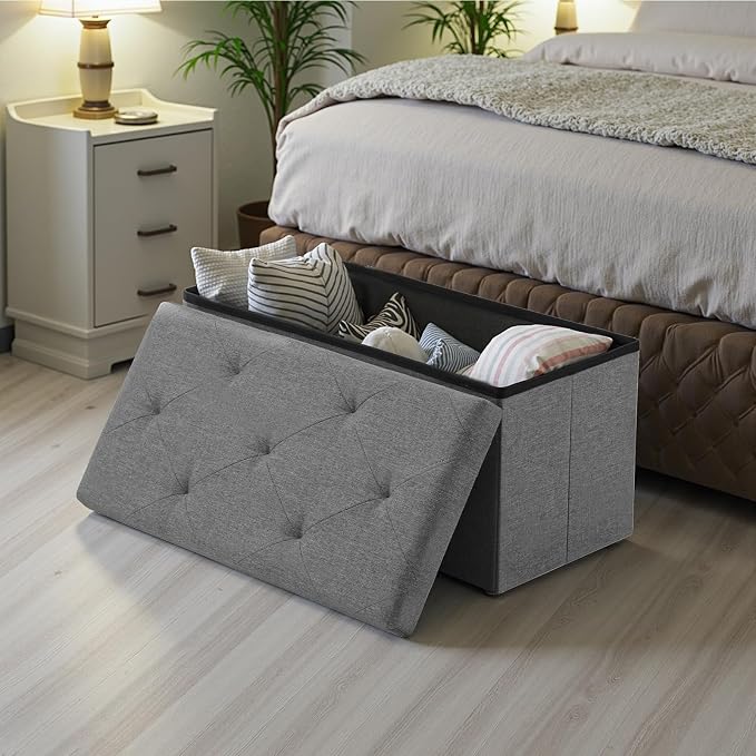Sweetcrispy 30 Inch Folding Storage Ottoman Bench, Ottoman with Storage | Large Hidden Storage Chest with Padded Seat, Foot Rest Stool, End of Bed Bench for Bedroom, Living Room, Linen Fabric, Gray