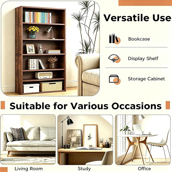 HealSmart 6 Tier Bookcase, Industrial 6 Book Shelf, 9.2" D x 23.8" W x 63" H Tall Open Cube Storage Organizer for Home Office, Living Room, Bedroom and Dinning Room, Brown