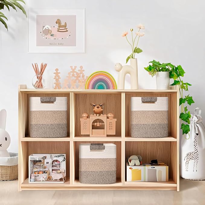 12 Inch Storage Cubes, 3 Pack Cube Storage Bins for Organizing, Cotton Rope Woven Baskets for Shelves, Bathroom, Kids Room, Closets, Baby Nursery