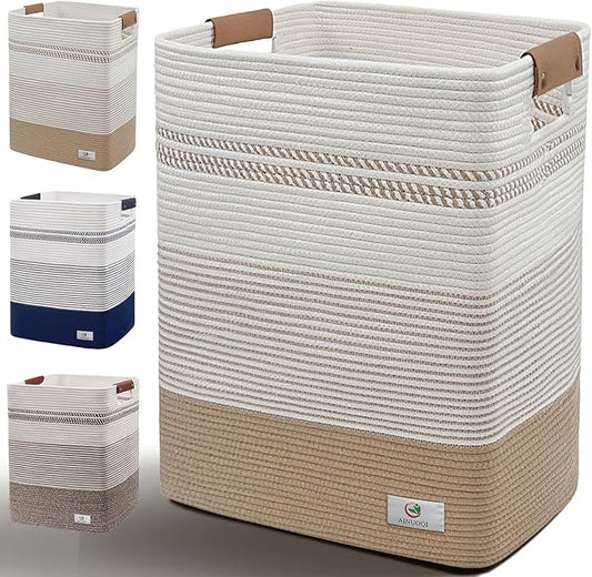 Large Laundry Hamper Basket, 85L Cotton Rope Woven Storage Bin for Blankets, Dirty Clothes Toys, Decorative Tall Basket with Leather Handles for Living Room, Bedroom, Bathroom, Nursery, Jute