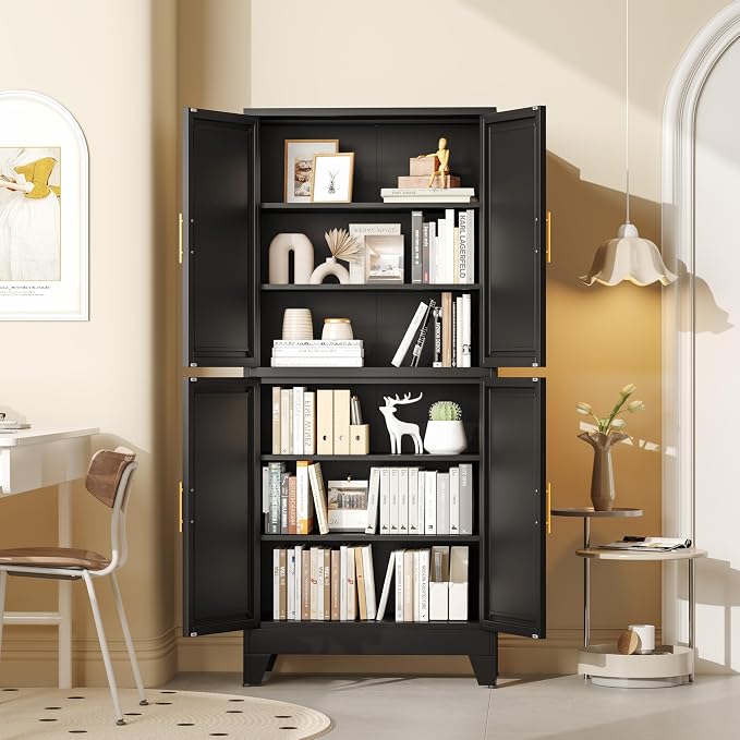 GAIOUS 75.2" Tall Metal Pantry Cabinet, Storage Cabinets with 4 Door and 4 Adjustable Shelves, Black Kitchen Pantry Storage Cabinet, Freestanding Cupboard for Kitchen Dining Room Living Room Bathroom