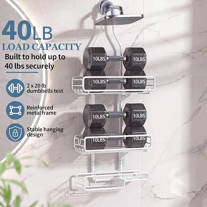 Skyapex Shower Caddy Hanging Bathroom Organizer: Over Head Adjustable Rack for Tall Showerhead - Extra Large Storage Shelf for Big Shampoo Bottles with Soap Holder (White)