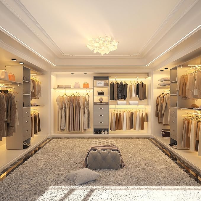 120 Inches Closet System, 10FT Walk In Closet Organizer with 3 Shelving Towers, Heavy Duty Clothes Rack with 3 Drawers, Built-In Garment Rack, 120" L x 16" W x 75" H, Max Load 1300 LBS, Grey