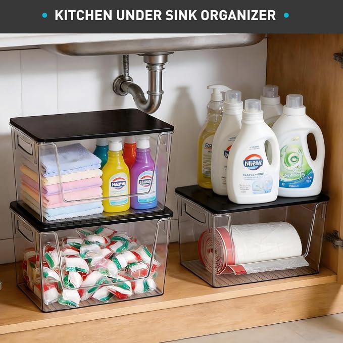 Heyuzb Pantry Organizers Storage, 2 Pack Large Clear Storage Bins with Bamboo Lids for Onion, Potato, Garlic, Canned Food, Organizer Bins for Under Sink, Kitchen, Countertop, Bathroom