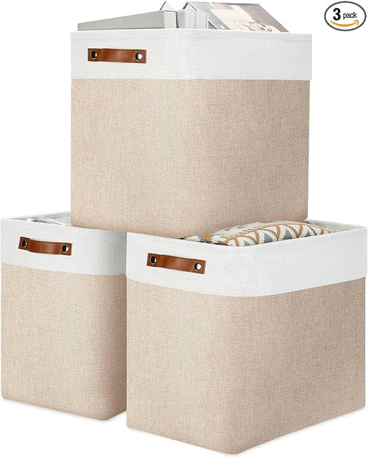 DULLEMELO Large Storage Baskets for Organizing, Canvas Storage Bins Big Baskets With Handles for Shelf Clothes Empty Gift Basket (White&Khaki)