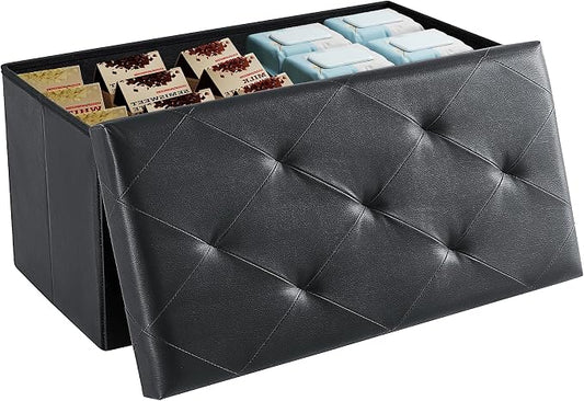 DUMOS 30 Inch Folding Storage Ottoman Bench, Hidden Ottoman with Storage | Storage Chest with Padded Seat, End of Bed Foot Rest Stool for Bedroom Living Room, Load 660 lbs, Synthetic Leather, Black