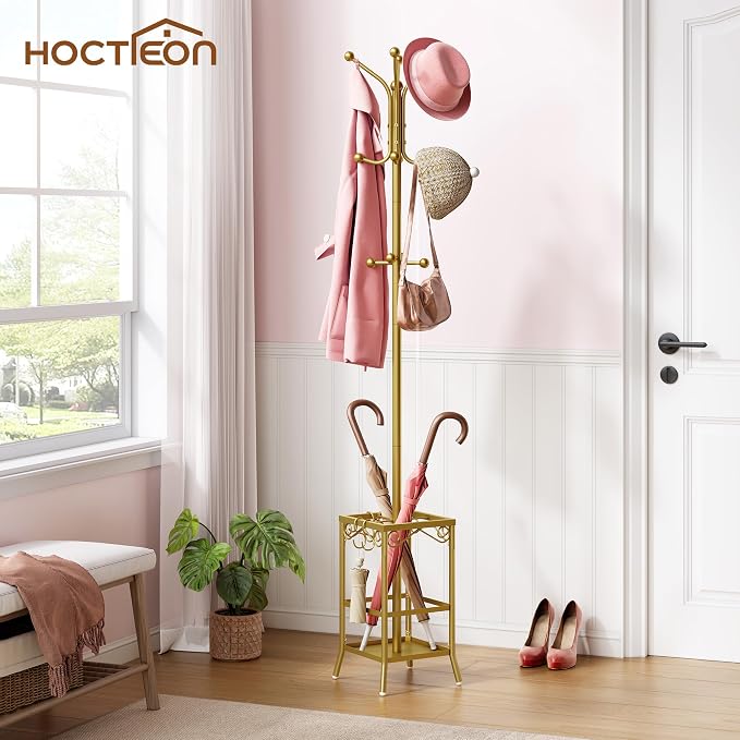 Hoctieon Coat Rack Freestanding, Coat Tree with Umbrella Holder | Metal Coat Rack Stand with 12 Hooks, Standing Coat Hanger Stand, Umbrella Stand for Entryway, Hat Rack Stand for Home Office
