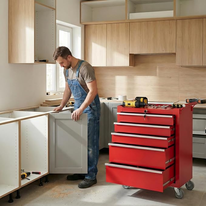 Garvee Rolling Tool Chest, 5 Drawers Tool Storage Cabinet, Toolbox with Wheels, Portable Tool Cabinet Organizer with Locking System & Drawer Liners, Tool Storage Cart for Garage, Workshop, Red
