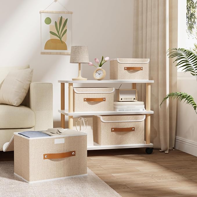 OUTBROS Fabric Storage Bins, Beige, 5 Pack 10.2 x 7.9 x 6.7 in | Storage Boxes with Flip-Top Lid and Handles, Cube Organizers for Organizing Home,Office,and Closet