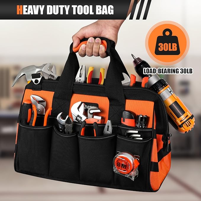 UUP 15" Heavy Duty Tool Bag, 16-Pocket Tool Box Organizer Orange | 16 Pockets & MOLLE. Detachable Strap & Handle. Non-slip Base, Metal Buckle. 30lb Holds Tools on Truck, Garage, Men Gift.