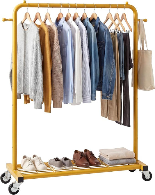 Sywhitta Metal Garment Clothing Rack on Wheels with Mesh Shelf,Gold Yellow | Rolling Garment Rack for Hanging Clothes, Coats, Skirts, 39.76" L x 16" W x 63.78" H,Space-Saving Mobile Organizer for Closet
