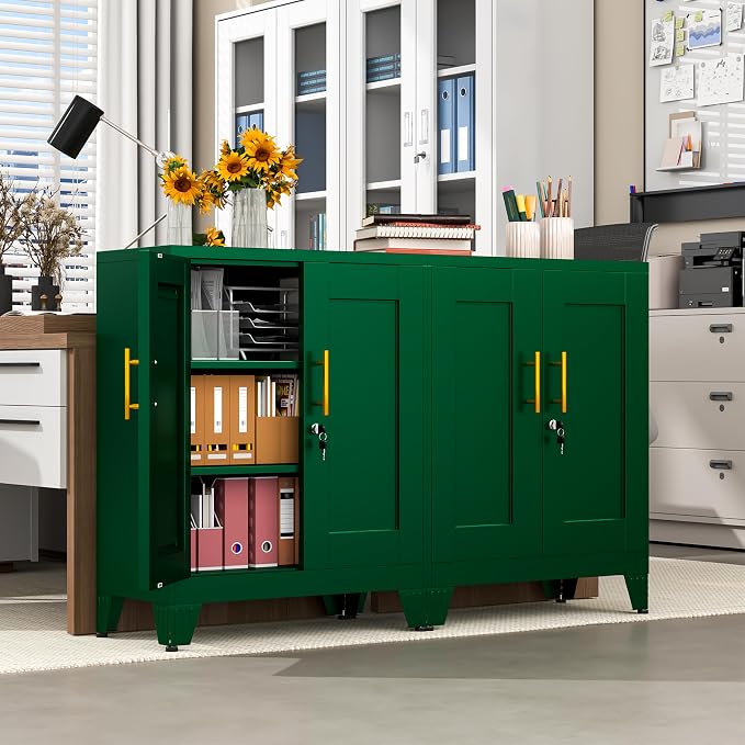 GAIOUS 36" Tall Metal Storage Cabinet with Lock, File Cabinet with 2 Doors and 2 Adjustable Shelves, Green Bathroom Floor Storage Cabinets, Freestanding Small Locked Cabinets for Home/Office/Garage