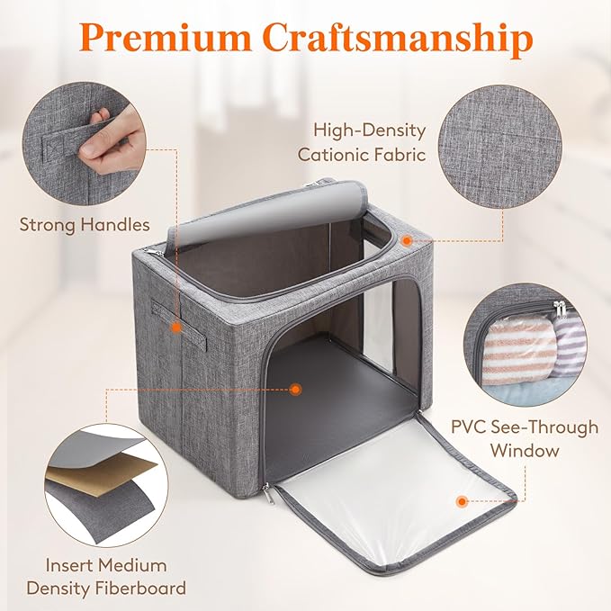 Lifewit Clothes Storage Bins with Metal Frame, Stackable Storage Box, Foldable Clothing Storage Bins with Lids, 40L Storage Bags Fabric Box Organizer with Clear Window＆ Zippers＆ Sturdy Handles 4 Pack