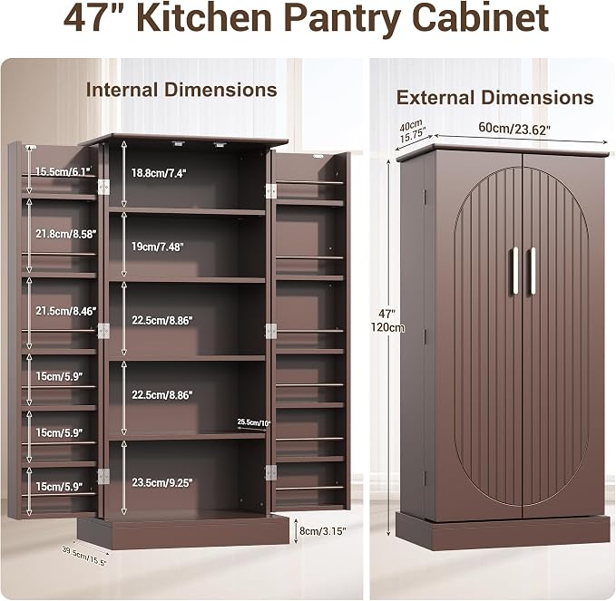 kepptory 47" Kitchen Pantry Cabinet with Doors and Adjustable Shelves, Freestanding Pantry Storage Cabinet, Farmhouse Buffet Cupboard for Kitchen, Dining Room, Living Room, Grey (Brown)