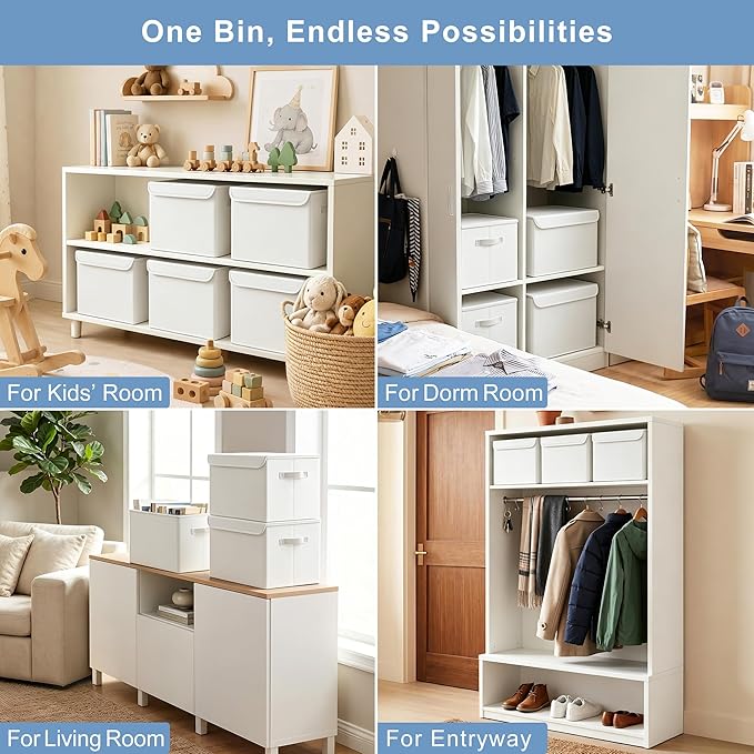 Bagnizer Large 17" 42 Quarts Collapsible Stackable Storage Bins with Lids [3-Pack] Foldable Fabric Linen Storage Boxes Cube, Closet Organizer Baskets with Label (16.7 x 12 x 12, White)