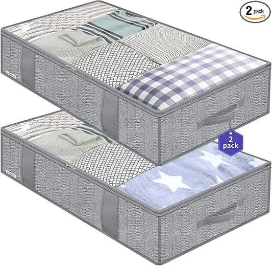 Onlyeasy Large Underbed Storage Bags Organizer Container (2 Pack) with 4 Handles and 2 Sturdy Zippers, Blankets Clothes Comforters Foldable Storage Bags with Clear Window, Herringbone Grey, MXRUBBP2