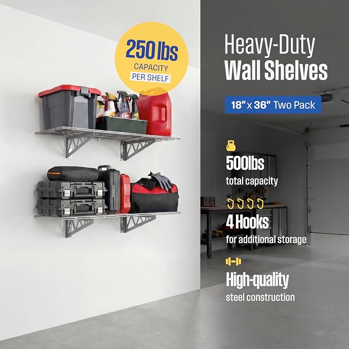 SafeRacks Steel Garage Wall Shelves 2-Pk w/Hooks, 500lb, Hammertone (18x36)