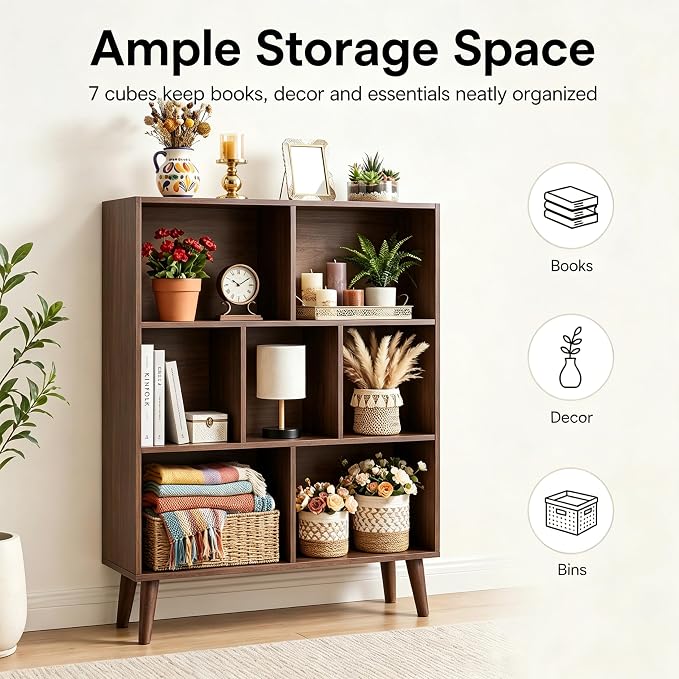 HealSmart 7 Cube Storage Organizer, 3 Tier Bookshelf with Legs, Free Standing Cube Bookcase for Living Room, Bedroom, Office, Brown
