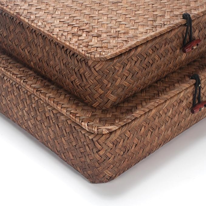 Seagrass Storage Baskets with Lids, Flat Wicker Basket, Shallow Woven Basket for Shelf, Decorative Storage Boxes for Organizing (Coffee)