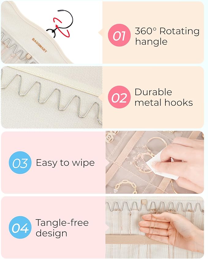 BAGSMART Hanging Jewelry Organizer Storage with Hanger Metal Hooks Double-Sided Jewelry Holder for Earrings, Necklaces, Rings on Closet, Wall, Door, 1 piece Large Beige
