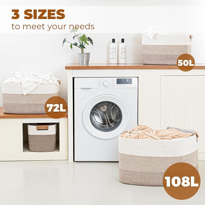 danpinera Blanket Basket, 72L Woven Storage basket with Leather Handle, Eco-friendly Decorative Storage Organization in Bathroom & Living Room for Towels 22 ''*17 ''*11.8 '', Gradient Brown